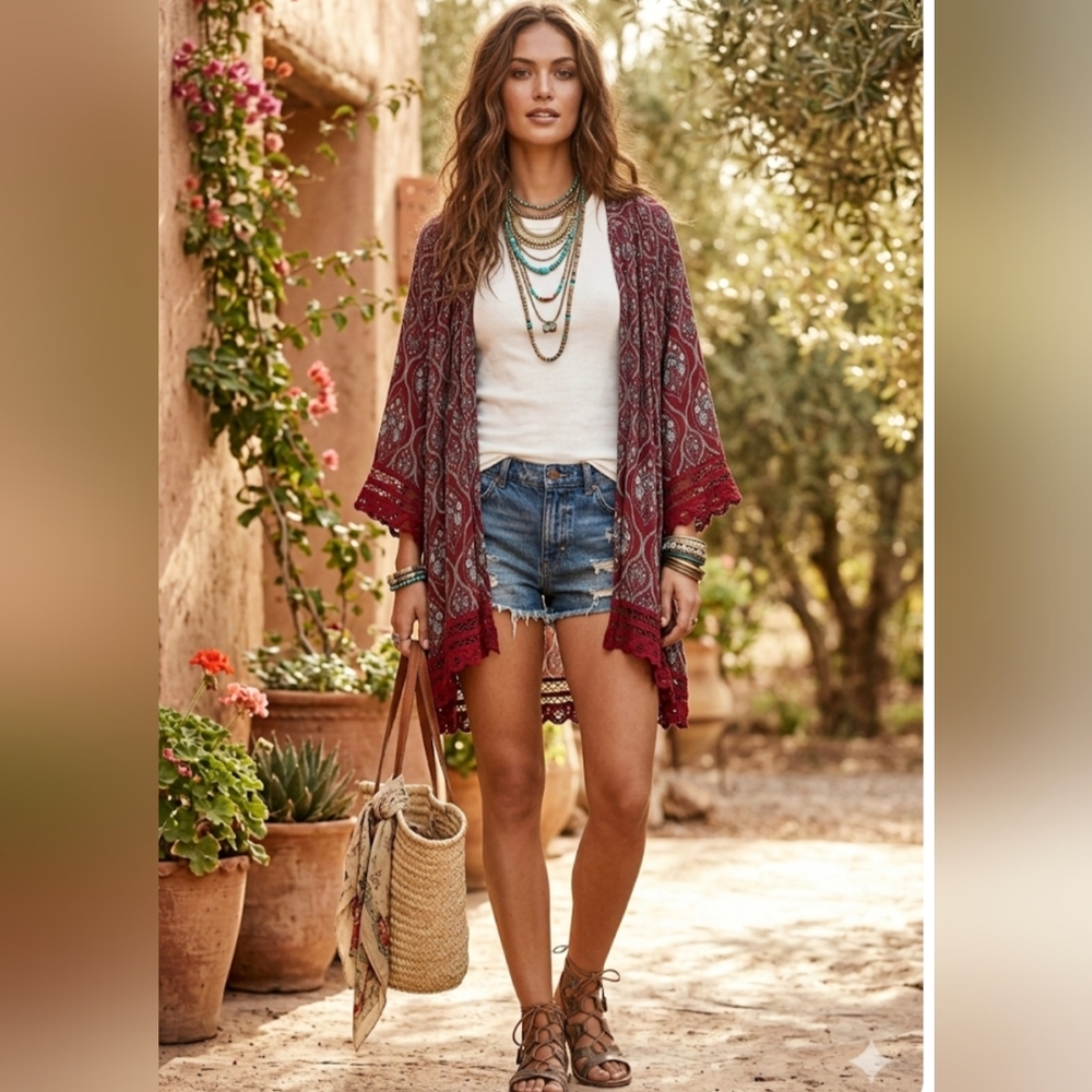 JODIFL Burgundy Boho Kimono Cardigan